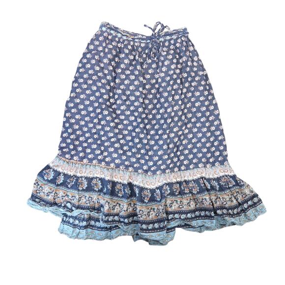 Vintage Navy Blue and Cream Floral Knee Length Peasant Wrap Skirt - Picture 3 of 5